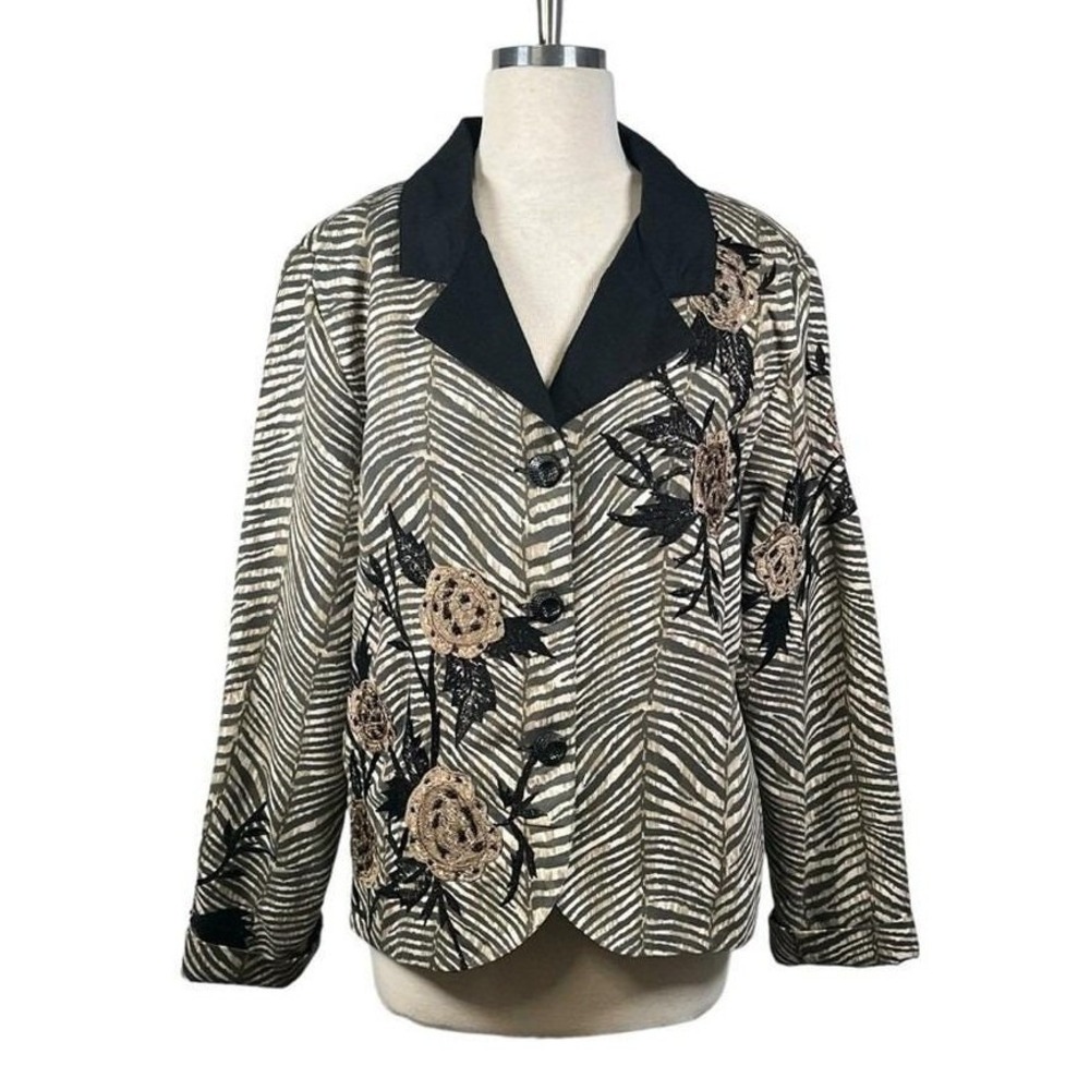 Anage Zebra‎ Print Floral Embroidered Sequin Blazer Womens XL Black Tan Art Wear